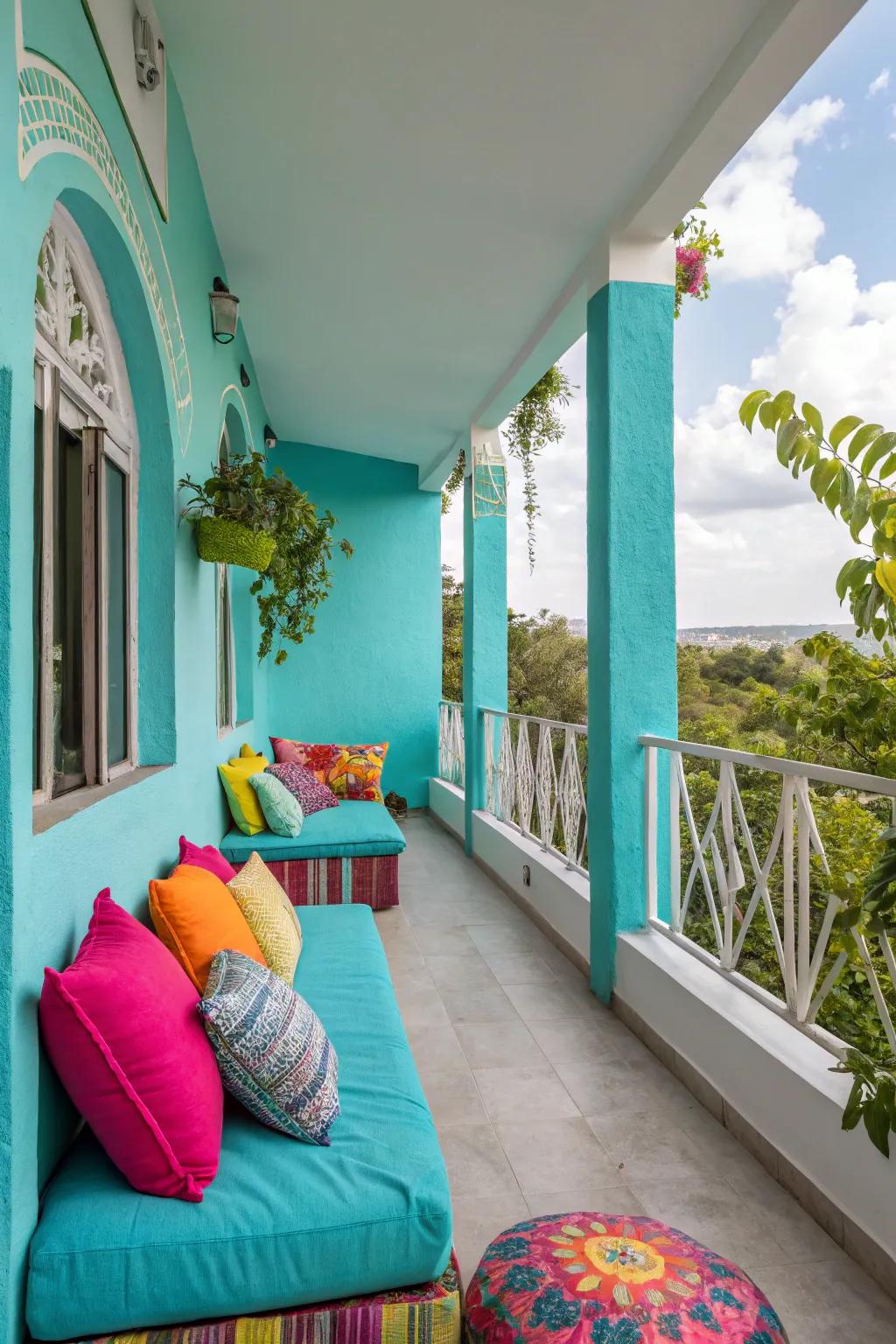 Vibrant color accents breathing life into a balcony area.
