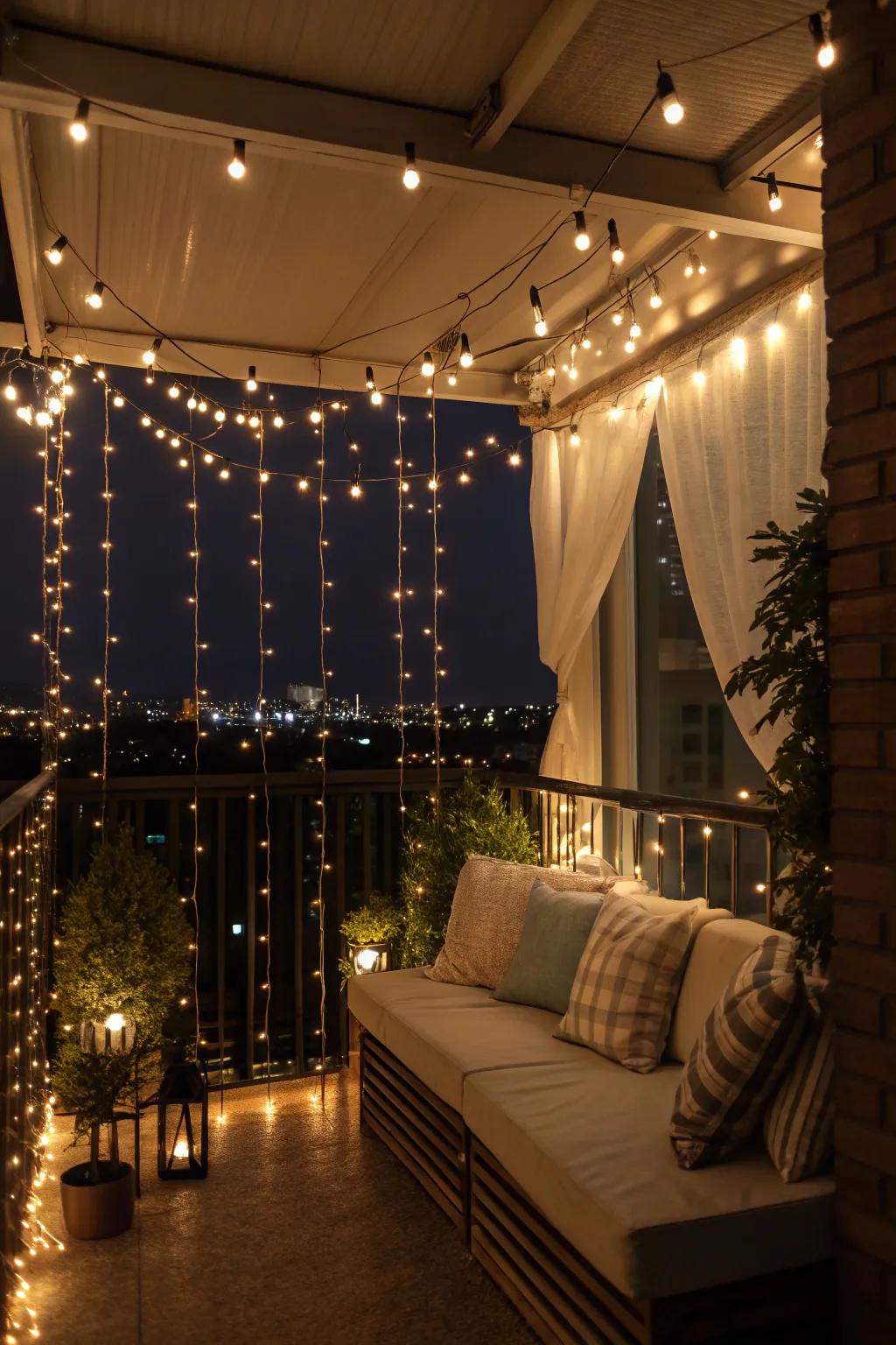 Warm string lights illuminating a balcony seating area.