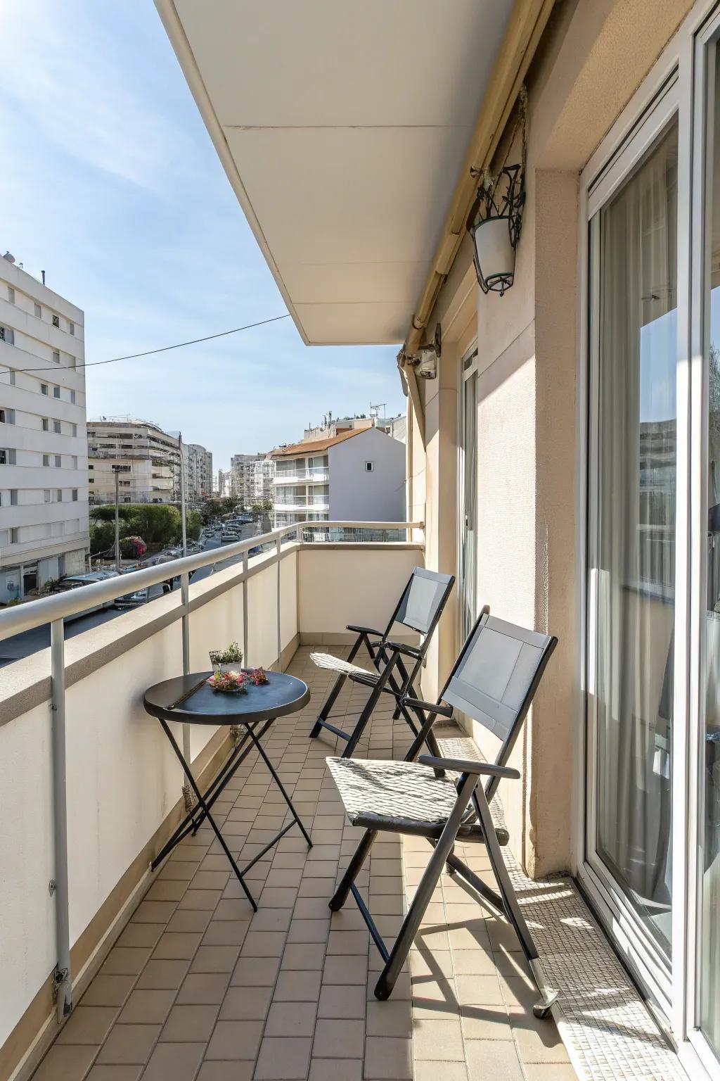 Folding furniture arrangement for easy adaptability on a balcony.