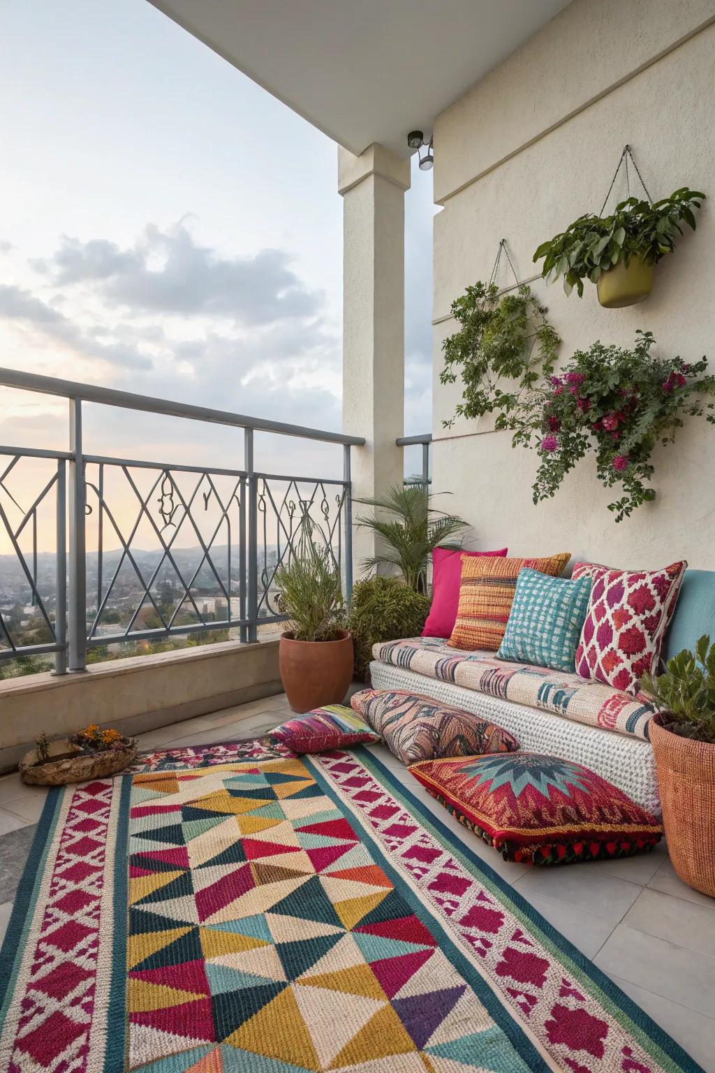 An outdoor rug that adds color and texture to the balcony.