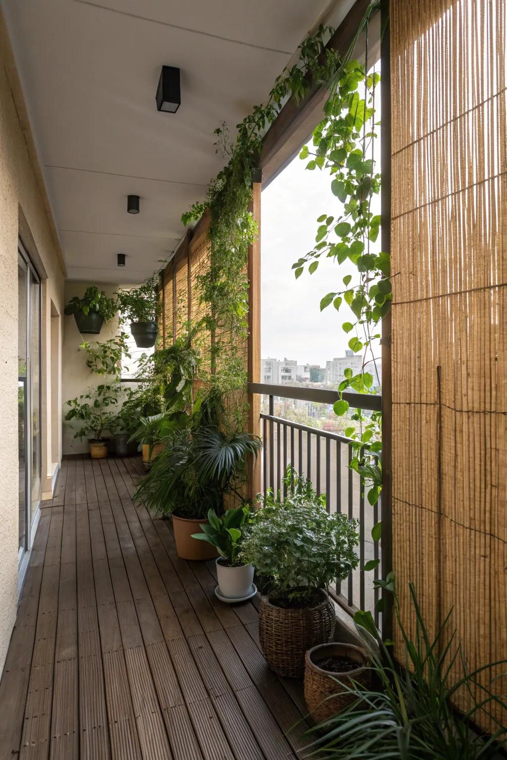 Stylish bamboo privacy screens on a balcony.