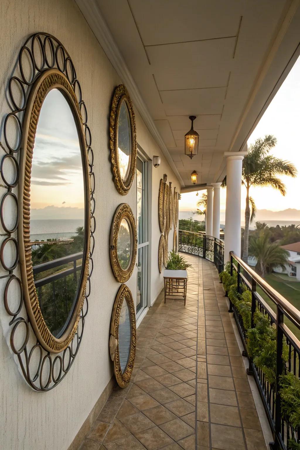Outdoor mirrors that amplify the spaciousness of a balcony.
