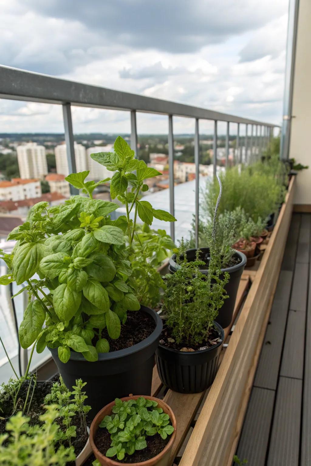 A compact herb garden flourishing on a balcony.