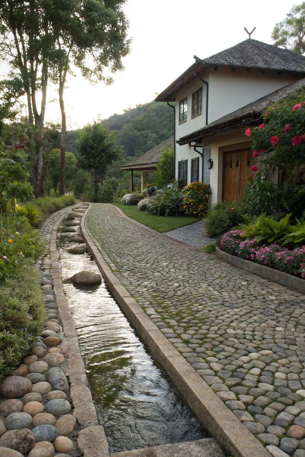 Water features add a calming ambiance to this cobblestone driveway.