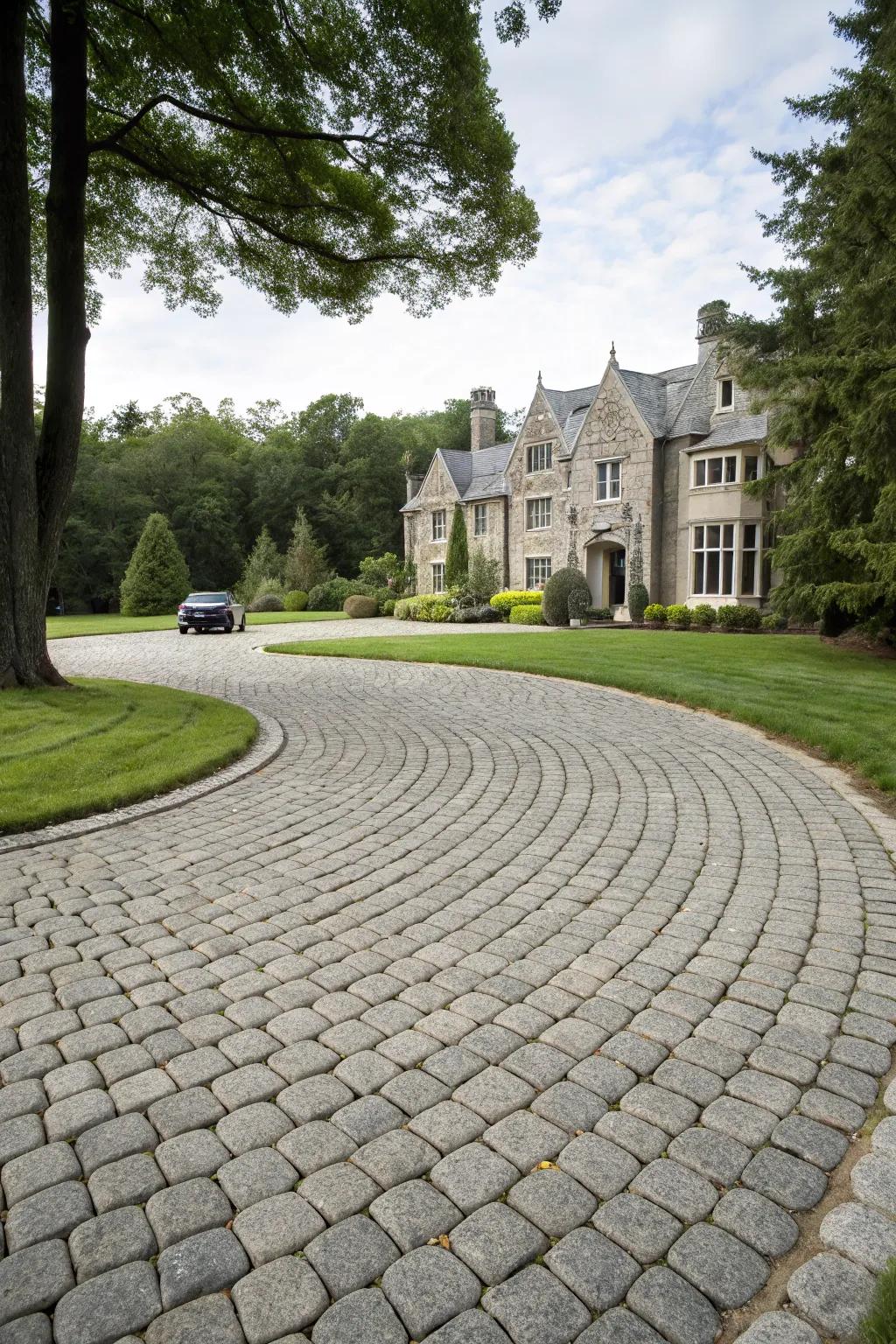 Circular cobblestone driveway creates a regal, practical entry point.