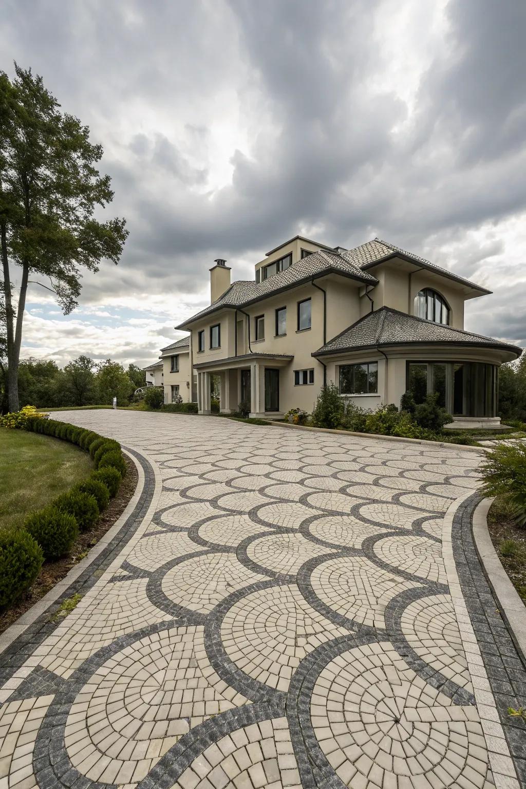 Geometric cobblestone patterns bring modern artistry to this driveway.