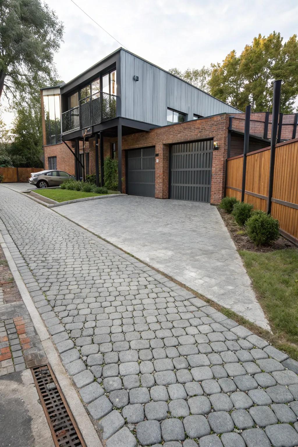 Cobblestones paired with concrete evoke an industrial and contemporary atmosphere.