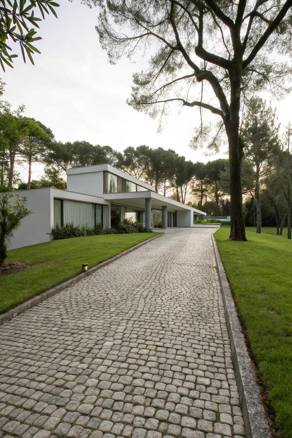 Cobblestone driveway with sleek, straight-line layout offers minimalist charm.