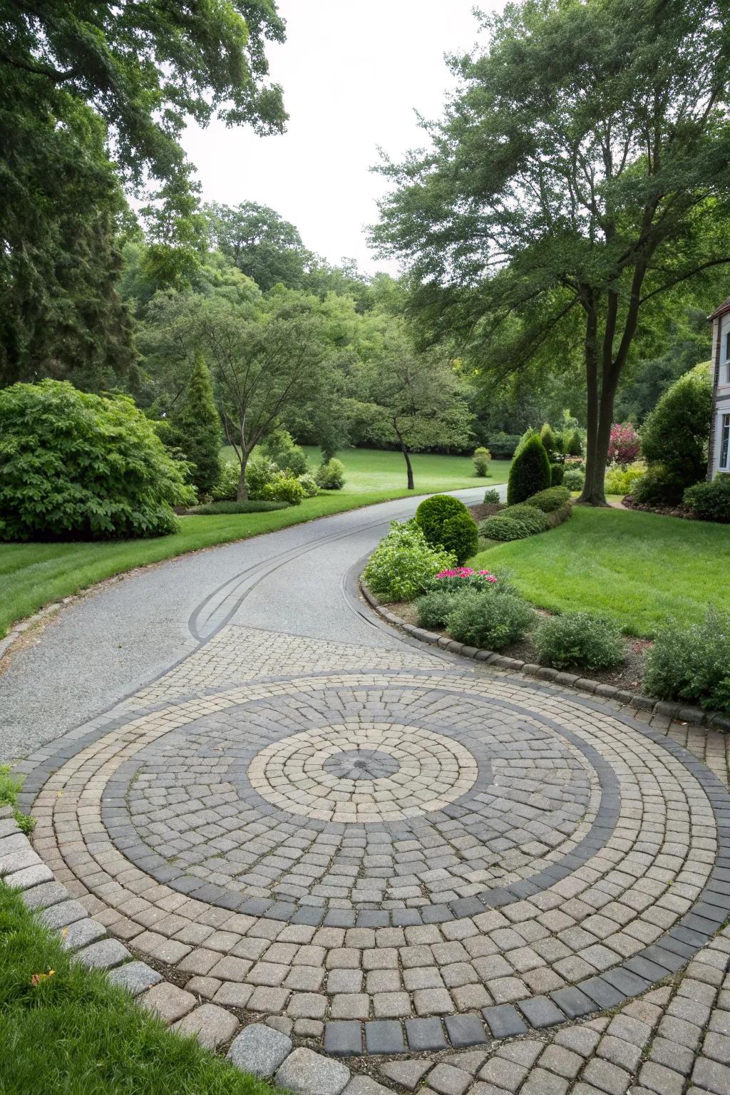 Cobblestone circles provide visual interest and charm to the driveway.