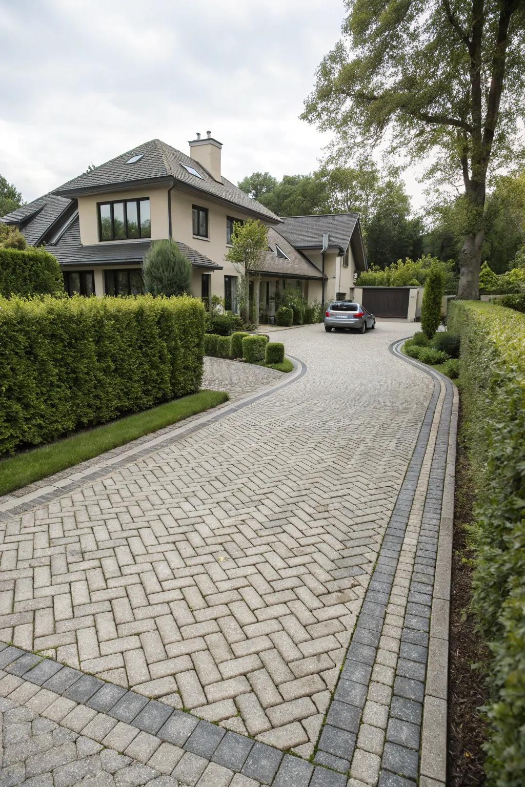 Classic herringbone cobblestone pattern enhancing a driveway's sophistication.