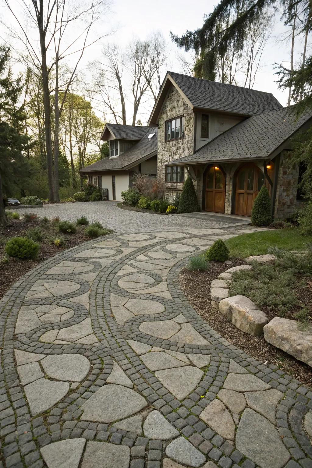 Asymmetrical cobblestone designs introduce a contemporary edge to the driveway.