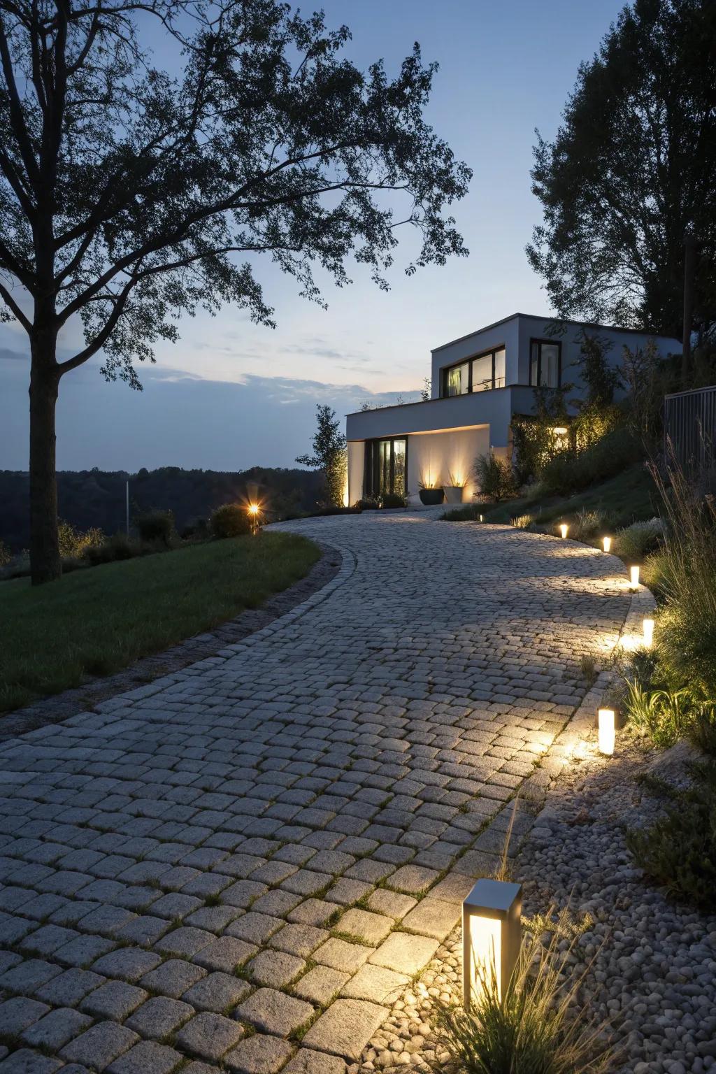 Embedded lighting creates magical night-time allure on cobblestone driveways.