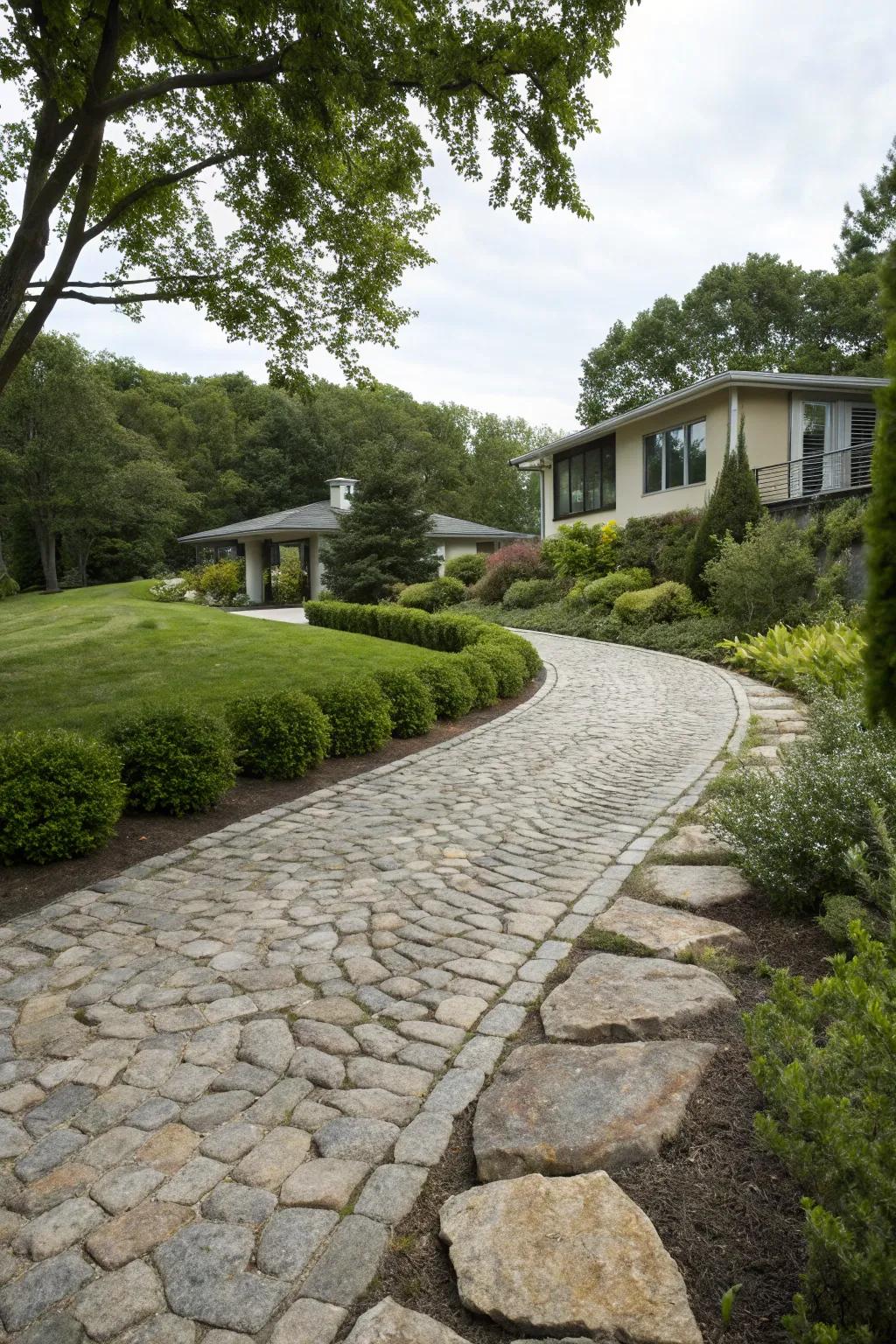 Natural stone borders delicately frame cobblestone driveways with refined charm.