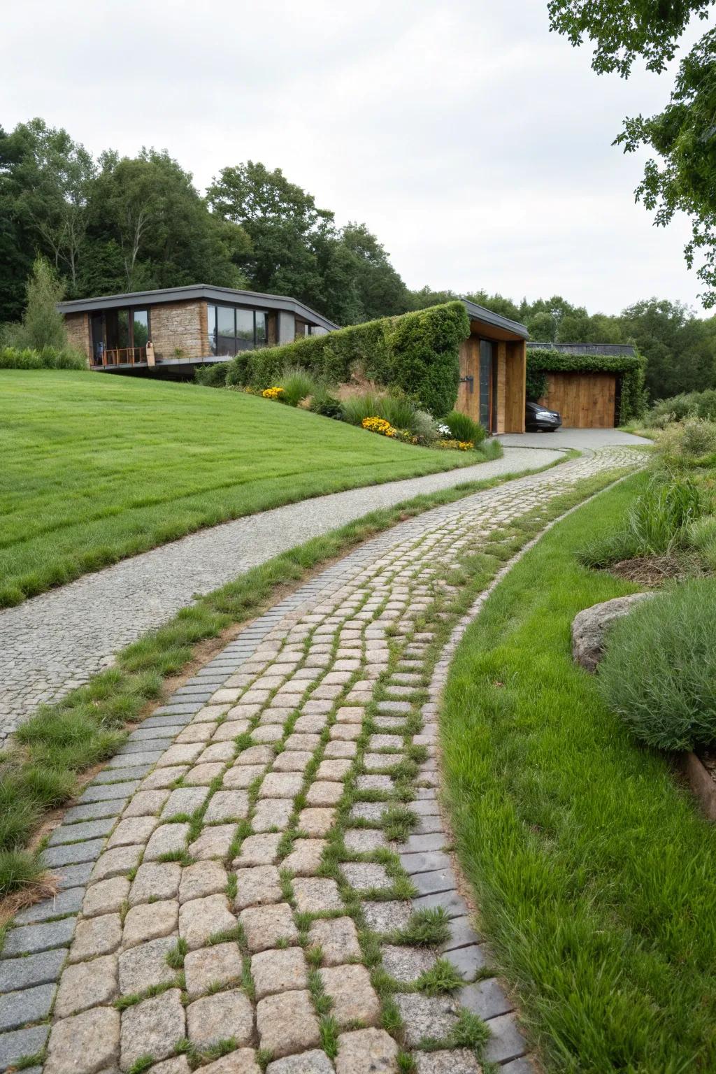 Grass interlaced with cobblestones creates an attractive and environmentally friendly driveway.
