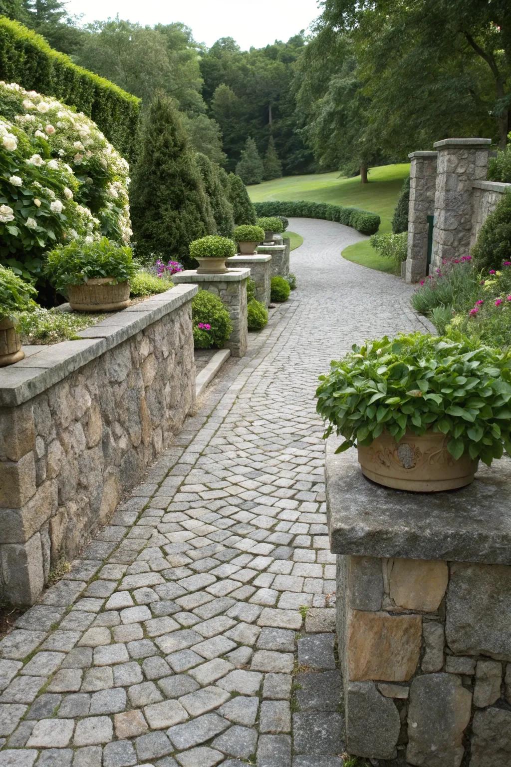 Landscaping elements harmonize with cobblestone driveway for natural beauty.