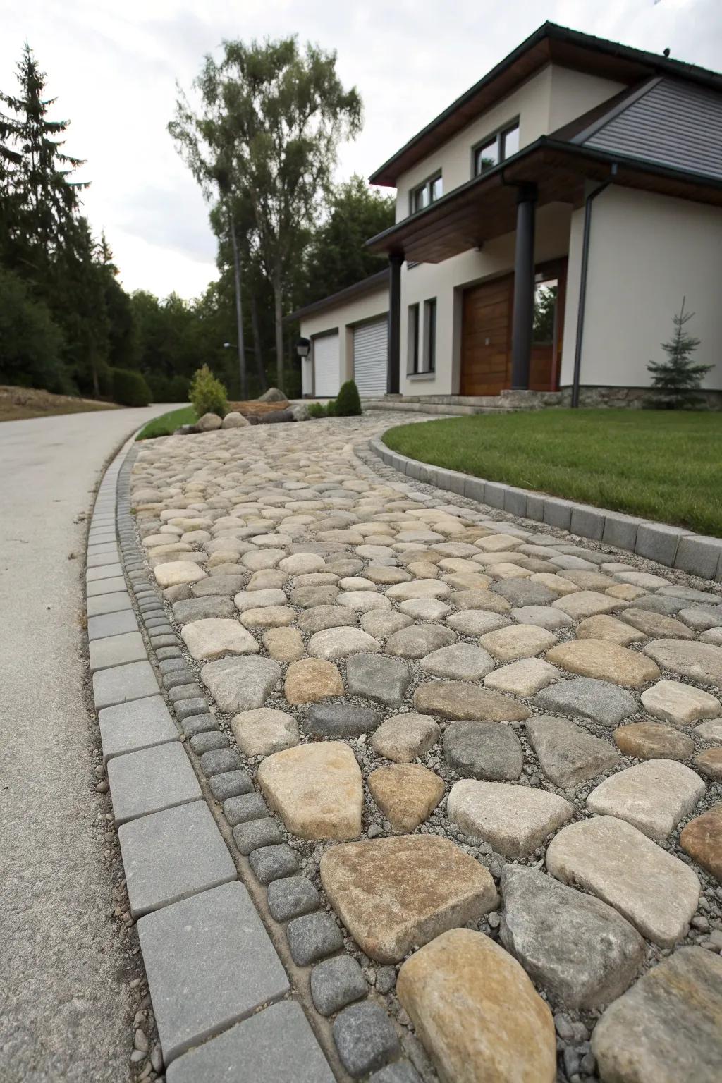 Varied cobblestone hues enhance texture and charm.