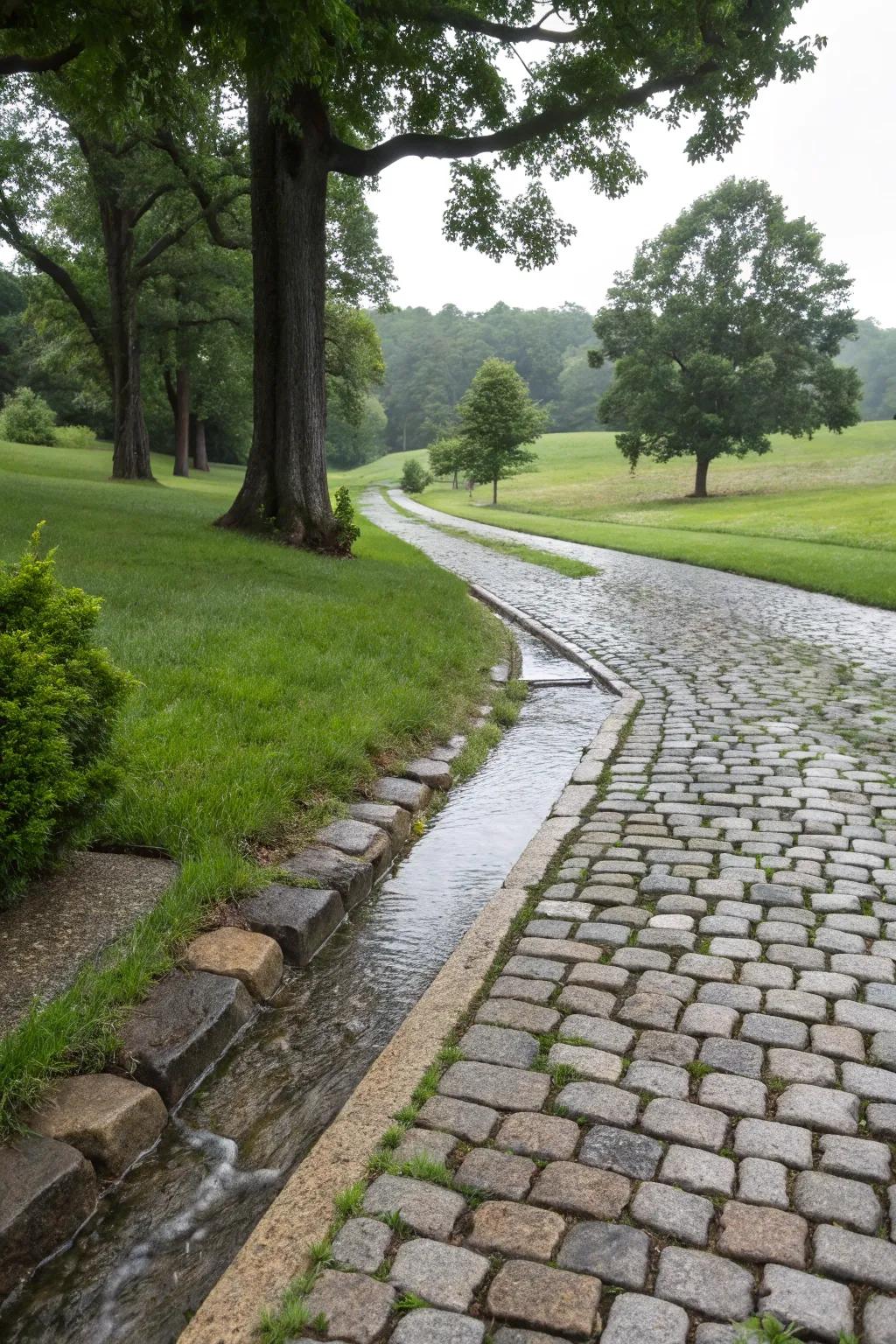 Permeable cobblestone surfaces promote effective drainage and environmental stewardship.