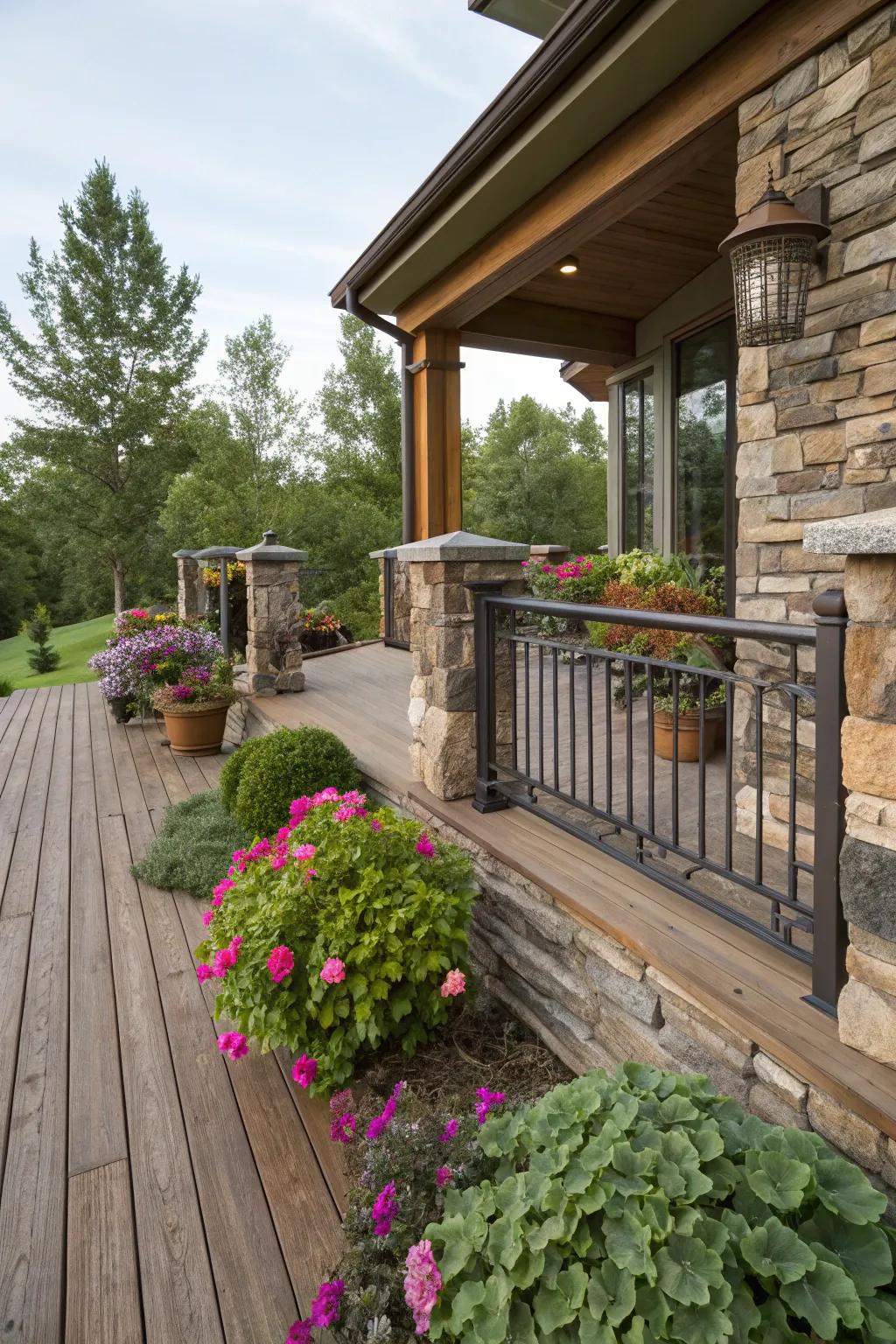 Eclectic materials add texture and interest to this porch deck.