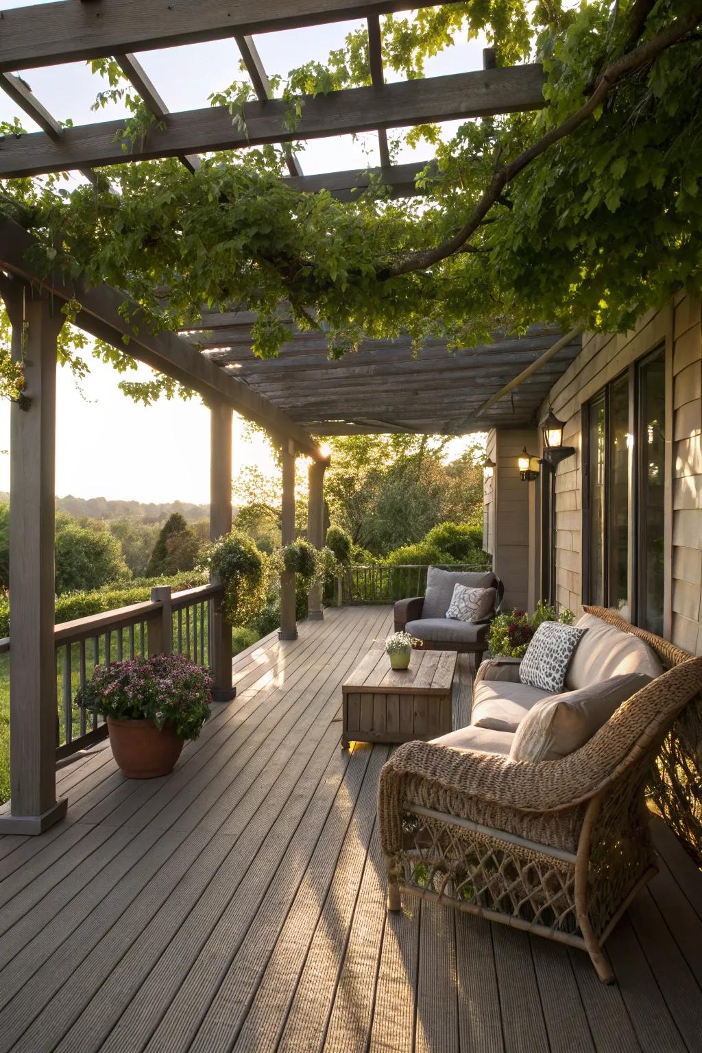 A pergola provides a perfect shaded retreat on this porch deck.