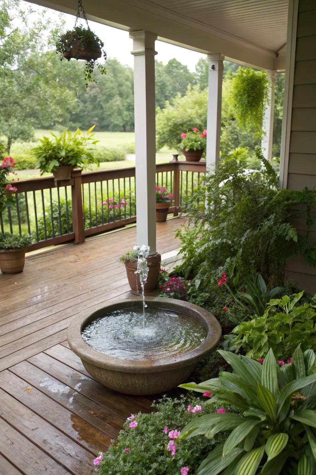 A water feature brings a soothing ambiance to this porch deck.