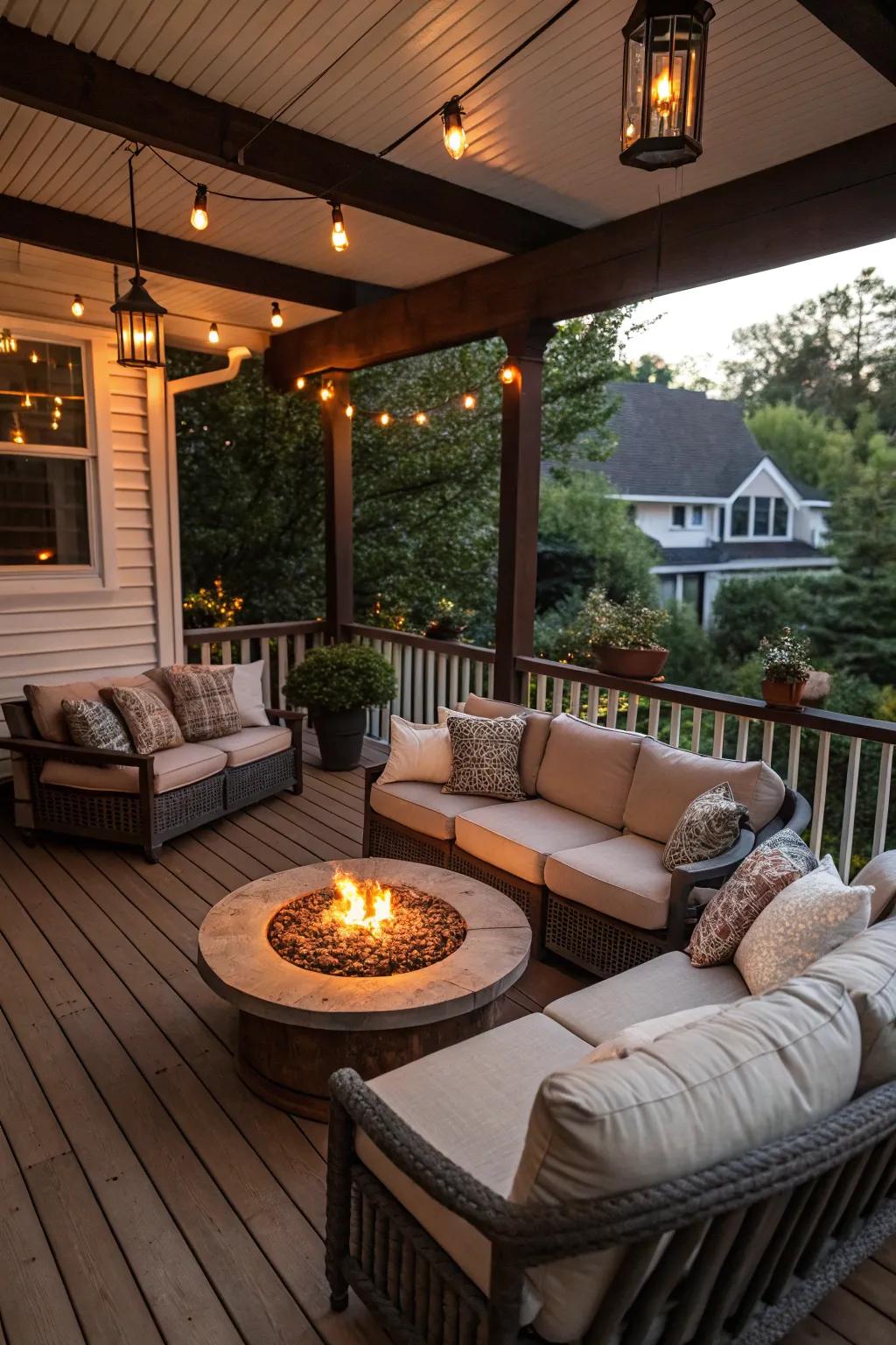 A fire pit adds warmth and becomes a gathering point on this porch deck.