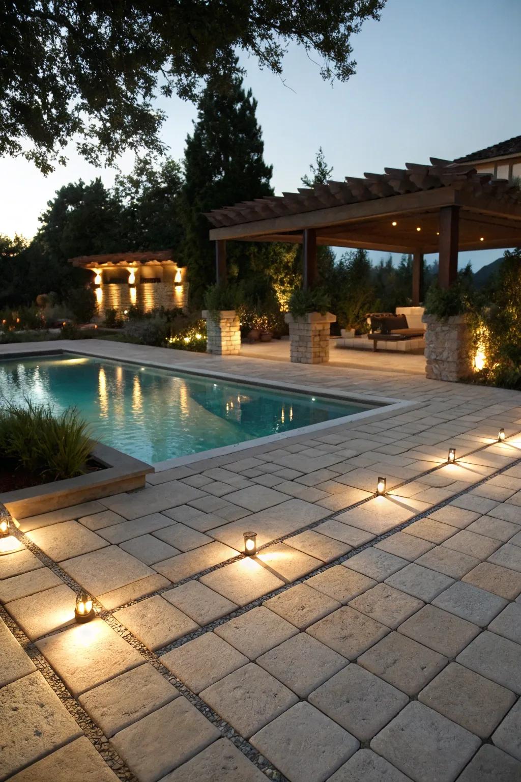 Magical ambiance with integrated lighting in poolside pavers.