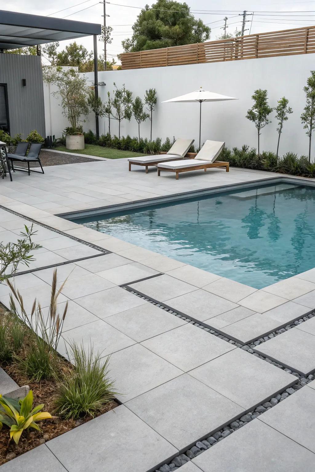 Modern pool area with minimalistic paver design.