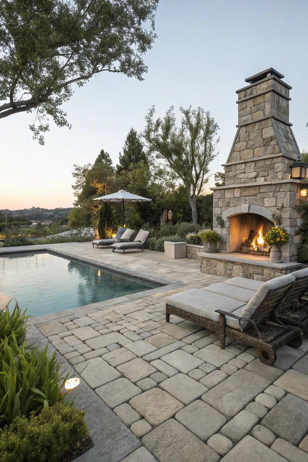 Functional and stylish fireplace complementing the poolside pavers.