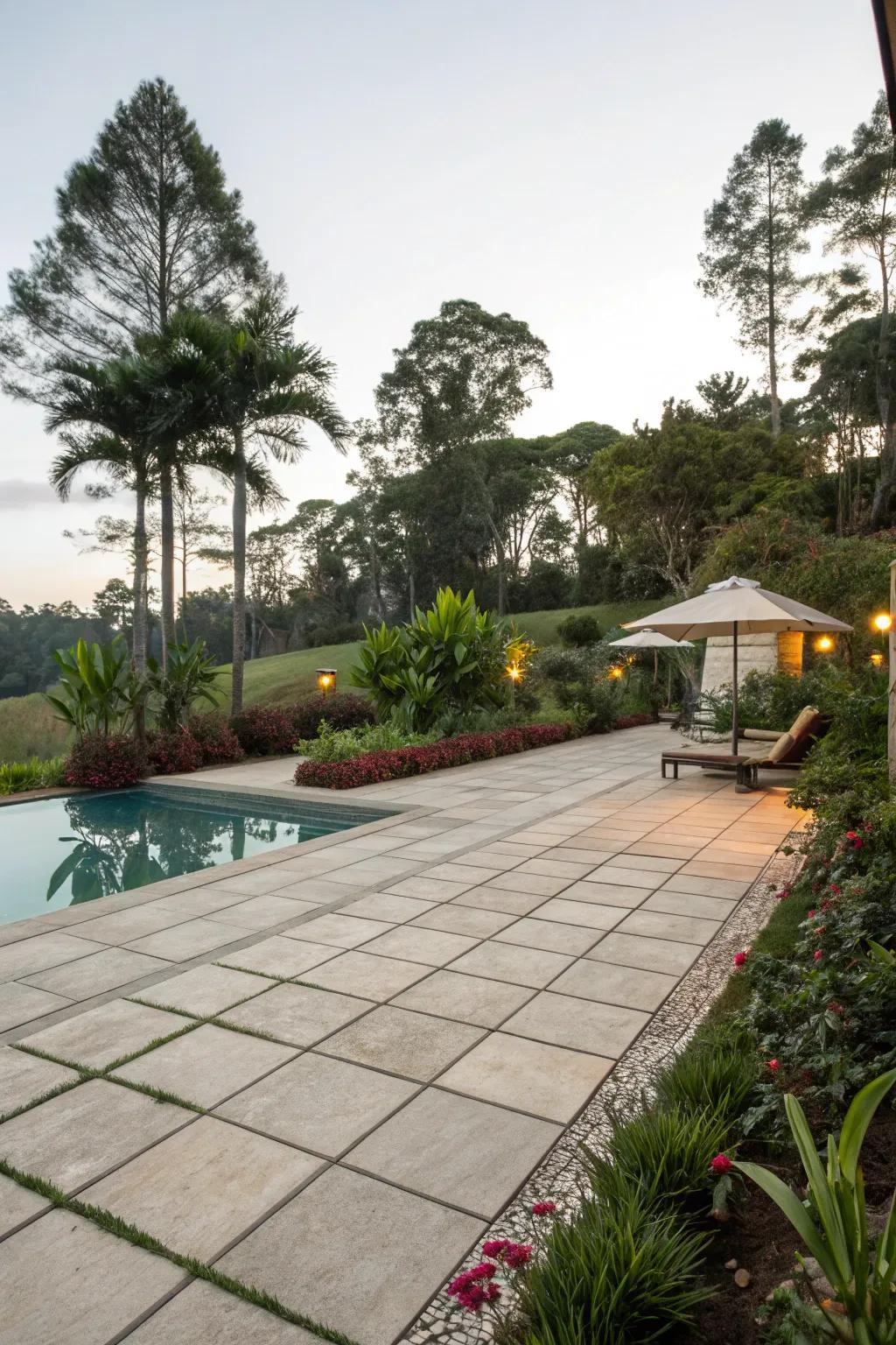 Wide open spaces around the pool with large pavers and greenery.