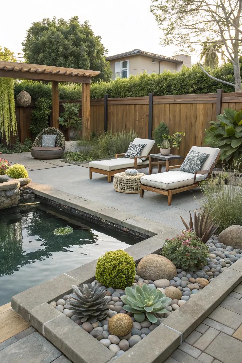 Create a peaceful retreat with a zen zone by the pool.