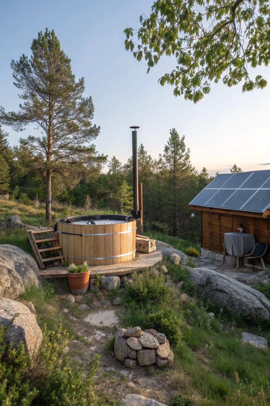 Enjoy luxury off the grid with a wood-fired hot tub.