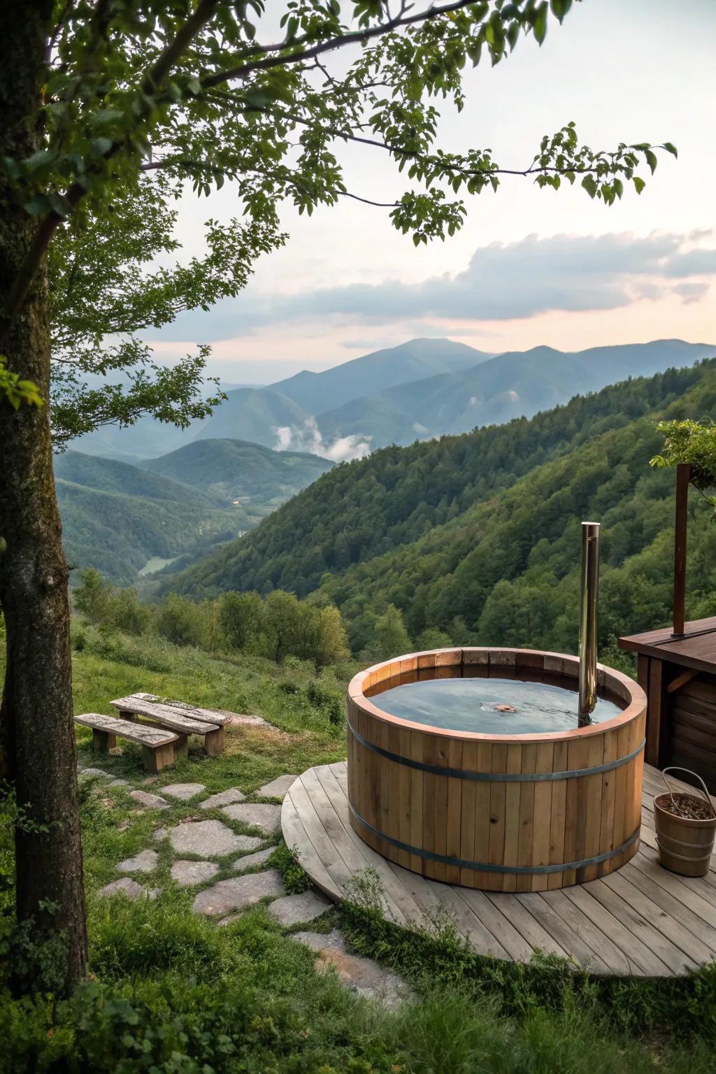 A hot tub with mountain views offers a breathtaking soaking experience.