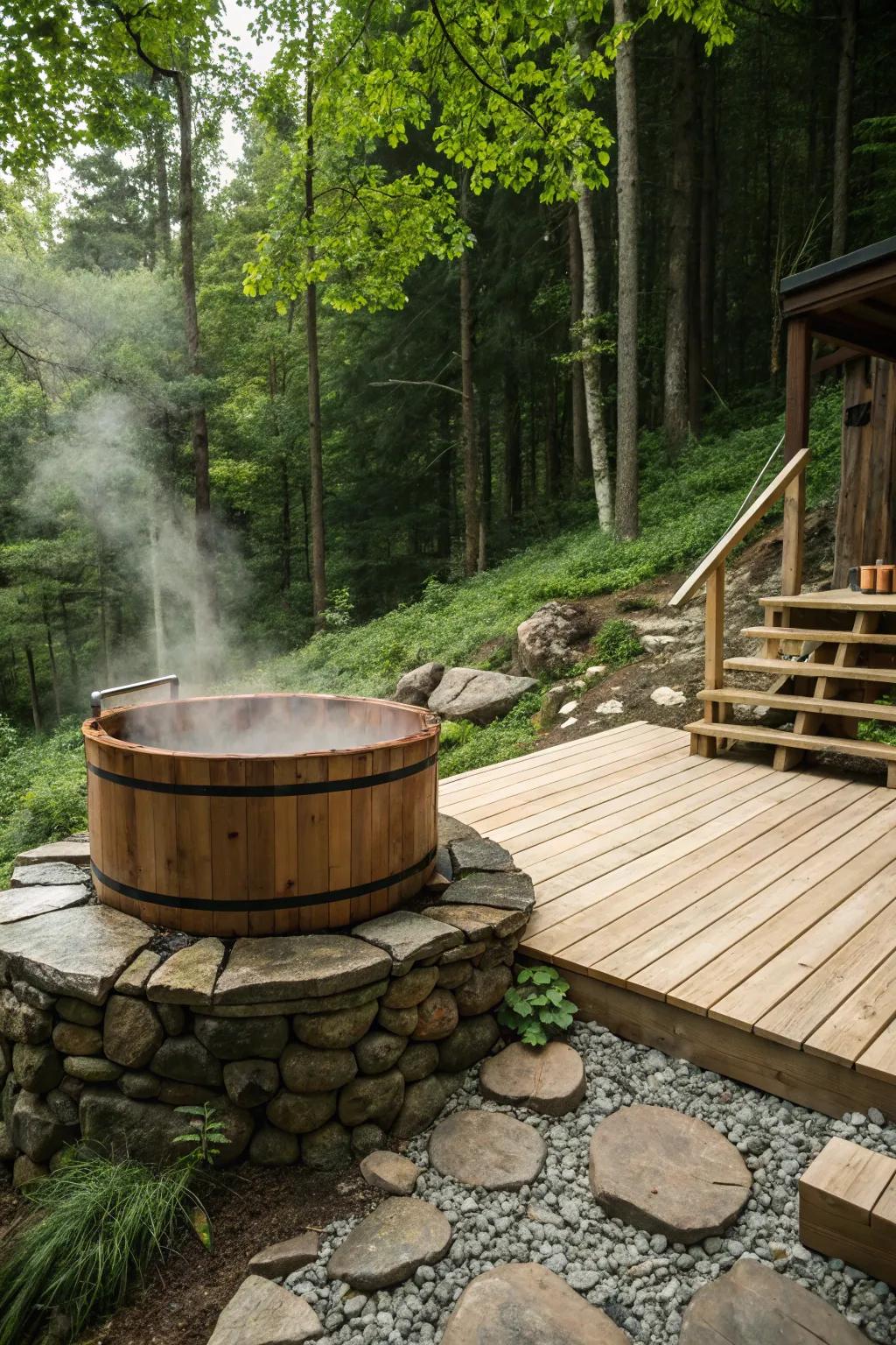 Natural stone and wood accents make your hot tub feel like part of the landscape.