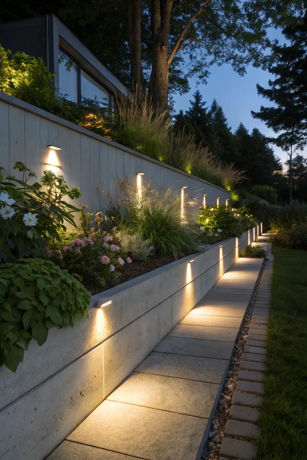 Concrete wall with integrated lighting for a magical evening ambiance.
