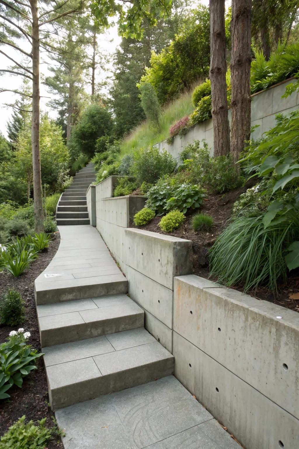 Concrete wall with integrated steps for easy garden navigation.