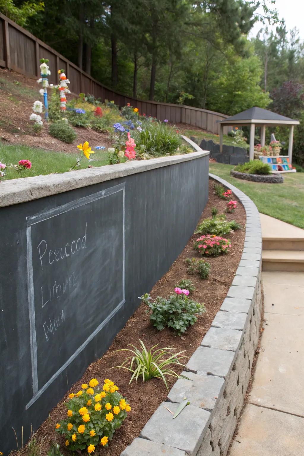 Concrete wall with a chalkboard surface for interactive family fun.
