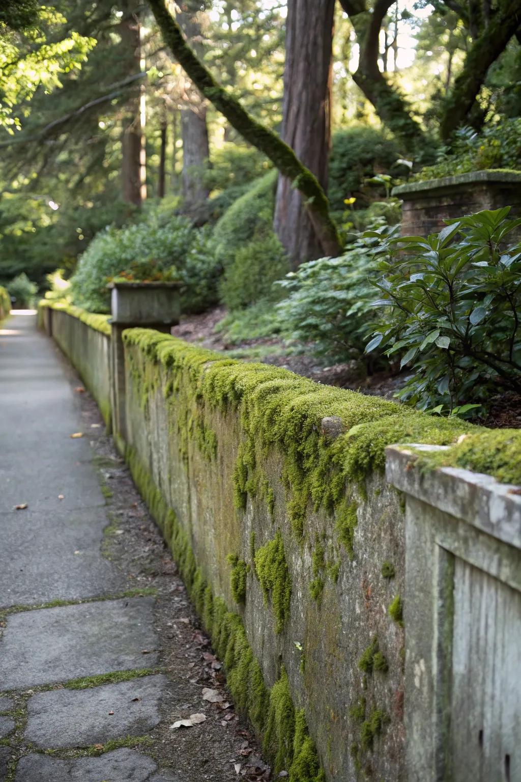 Concrete wall with natural moss adding character and charm.