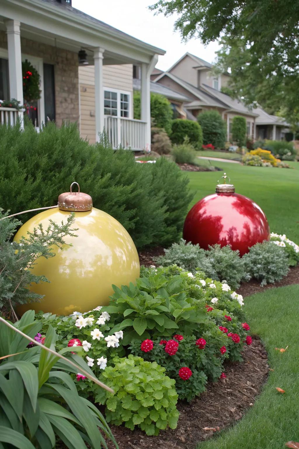 Large Christmas ornaments nestled in garden plants.