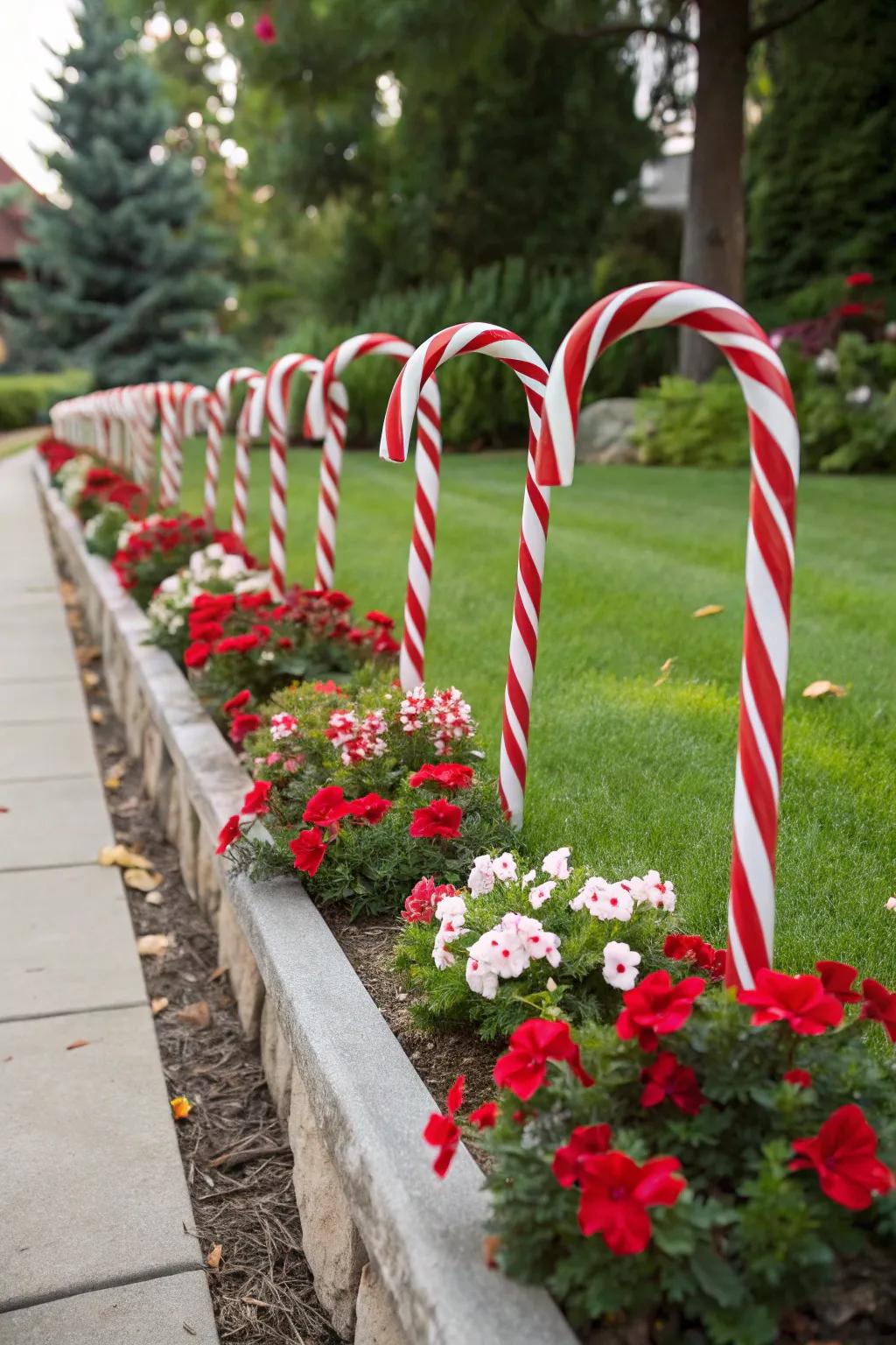 Candy cane decorations lining a flower bed.