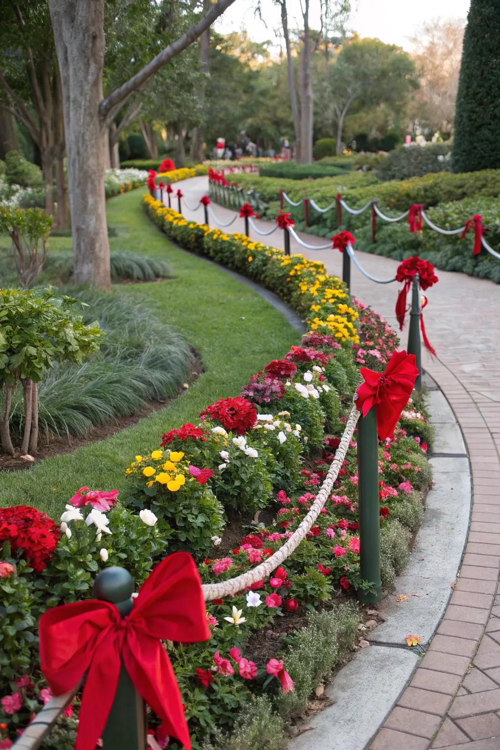 Flower beds bordered with garlands and red bows.
