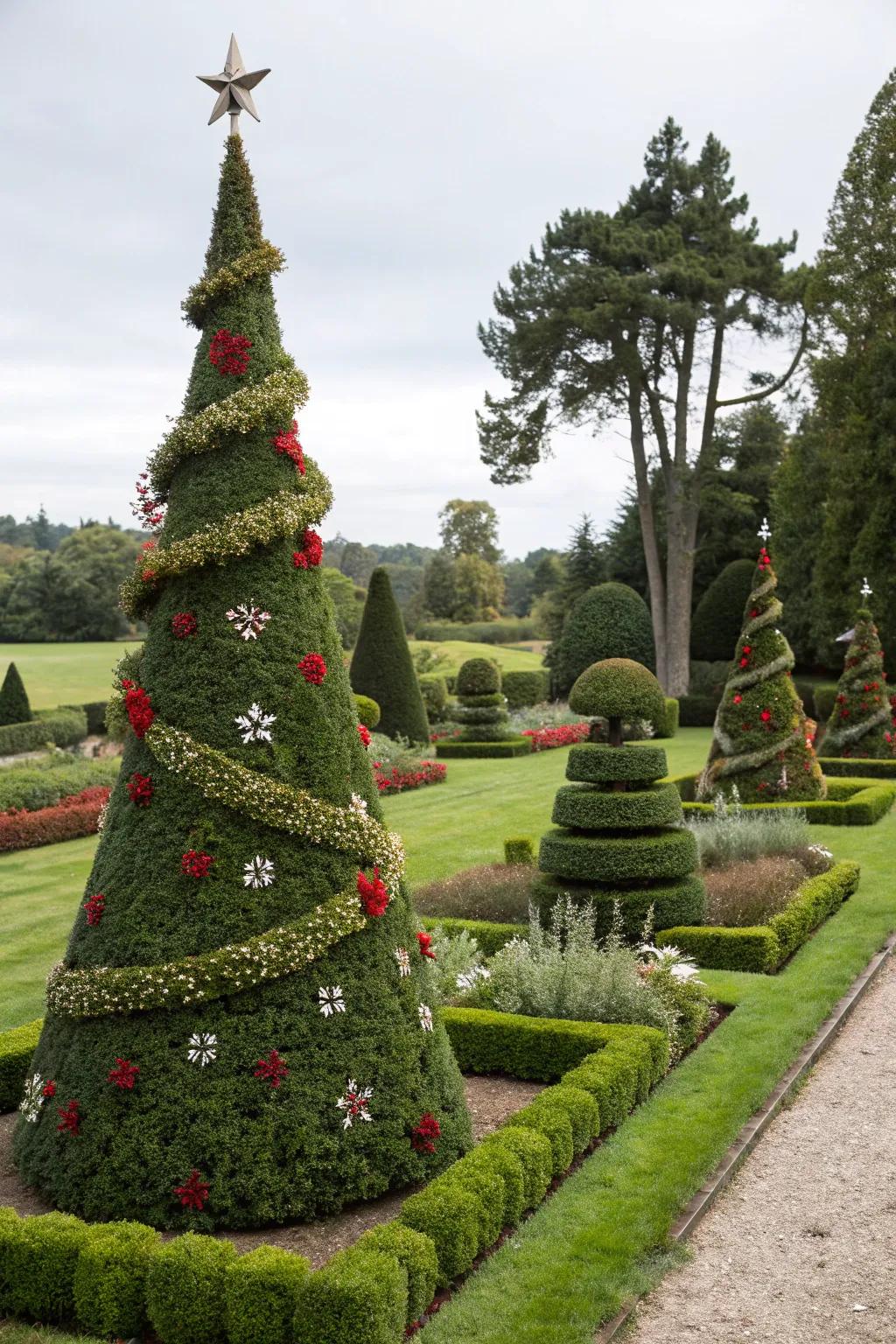 Elegant holiday topiaries glowing with string lights.