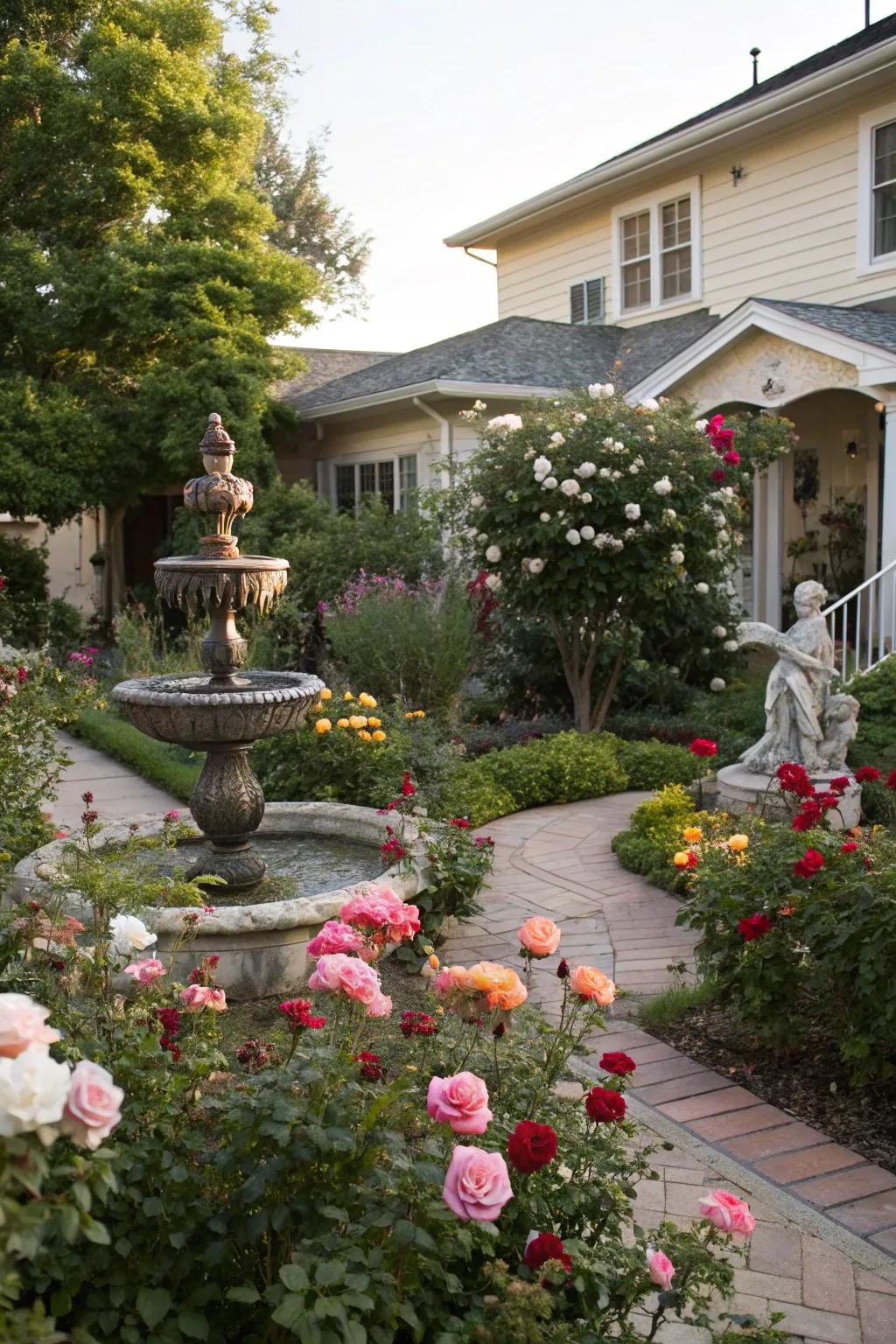 Fountains and statues add character to rose gardens.