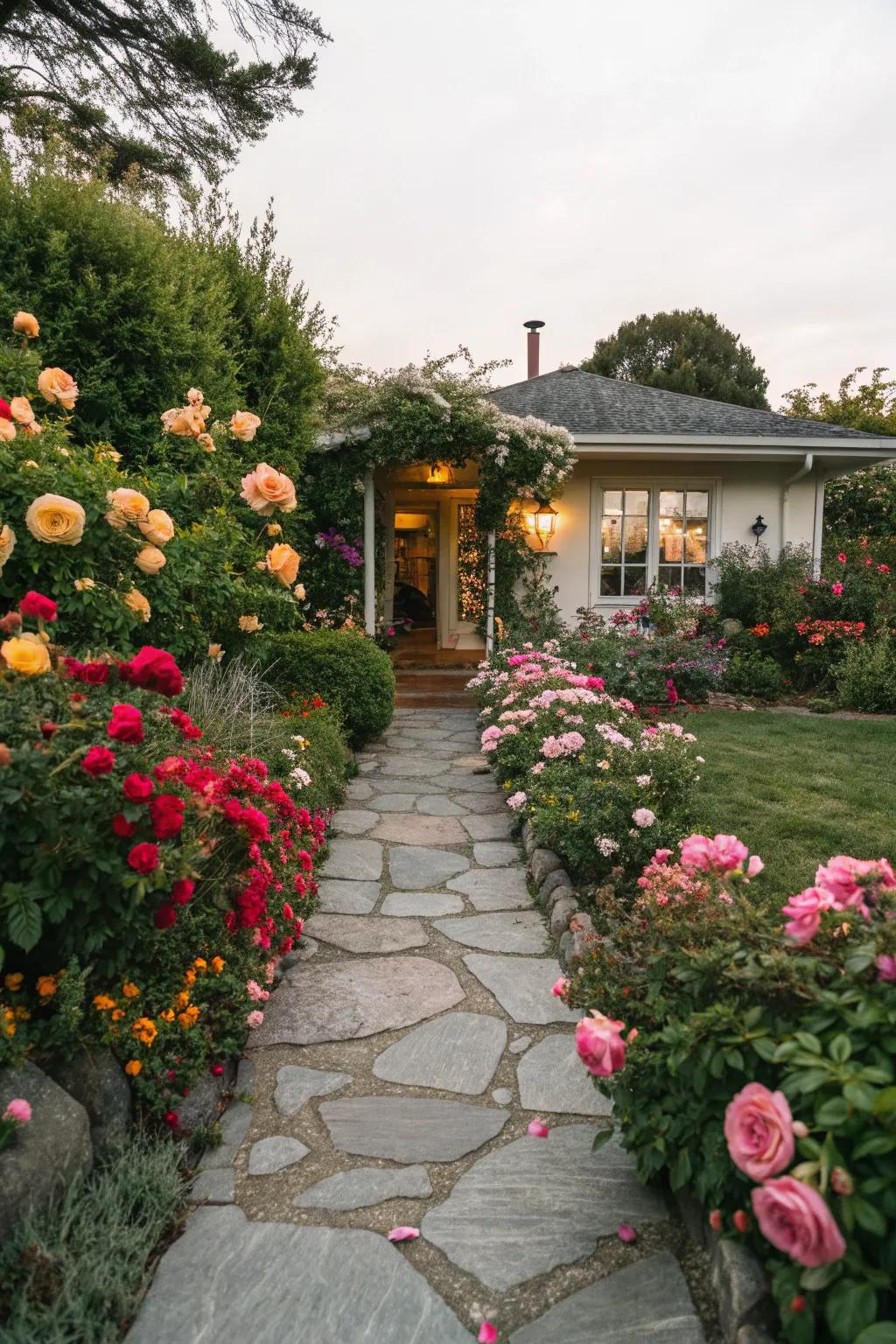 Rose-lined stone pathway for a welcoming entrance.