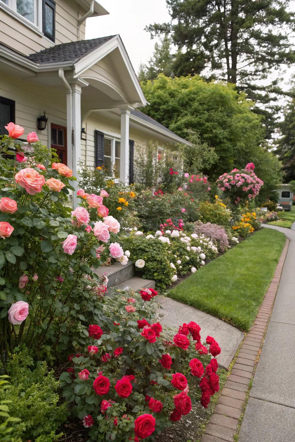 Seasonal flowers keep the rose garden vibrant throughout the year.
