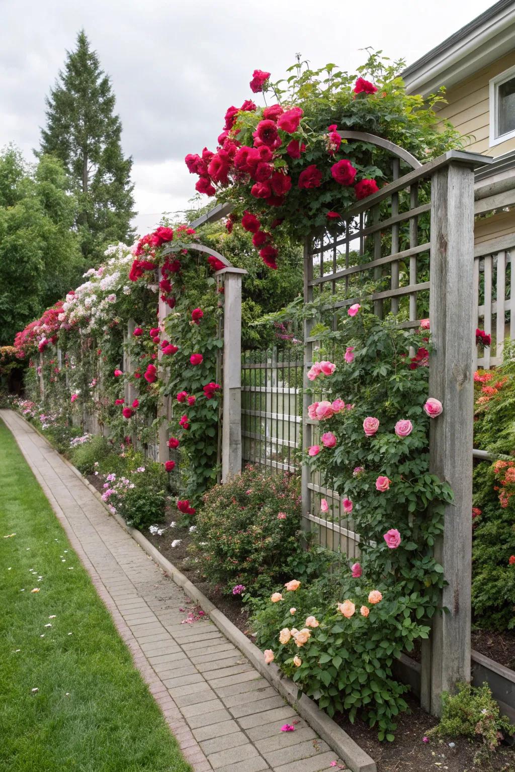 Adding vertical height with climbing roses on trellises.