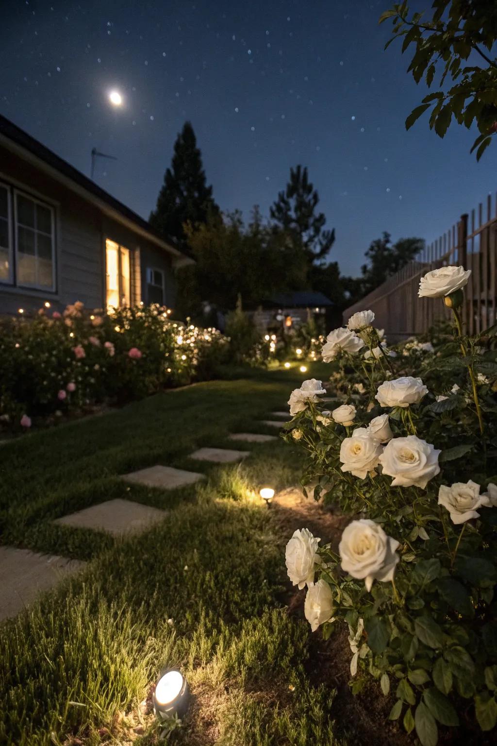 White roses bring ethereal beauty under moonlight.