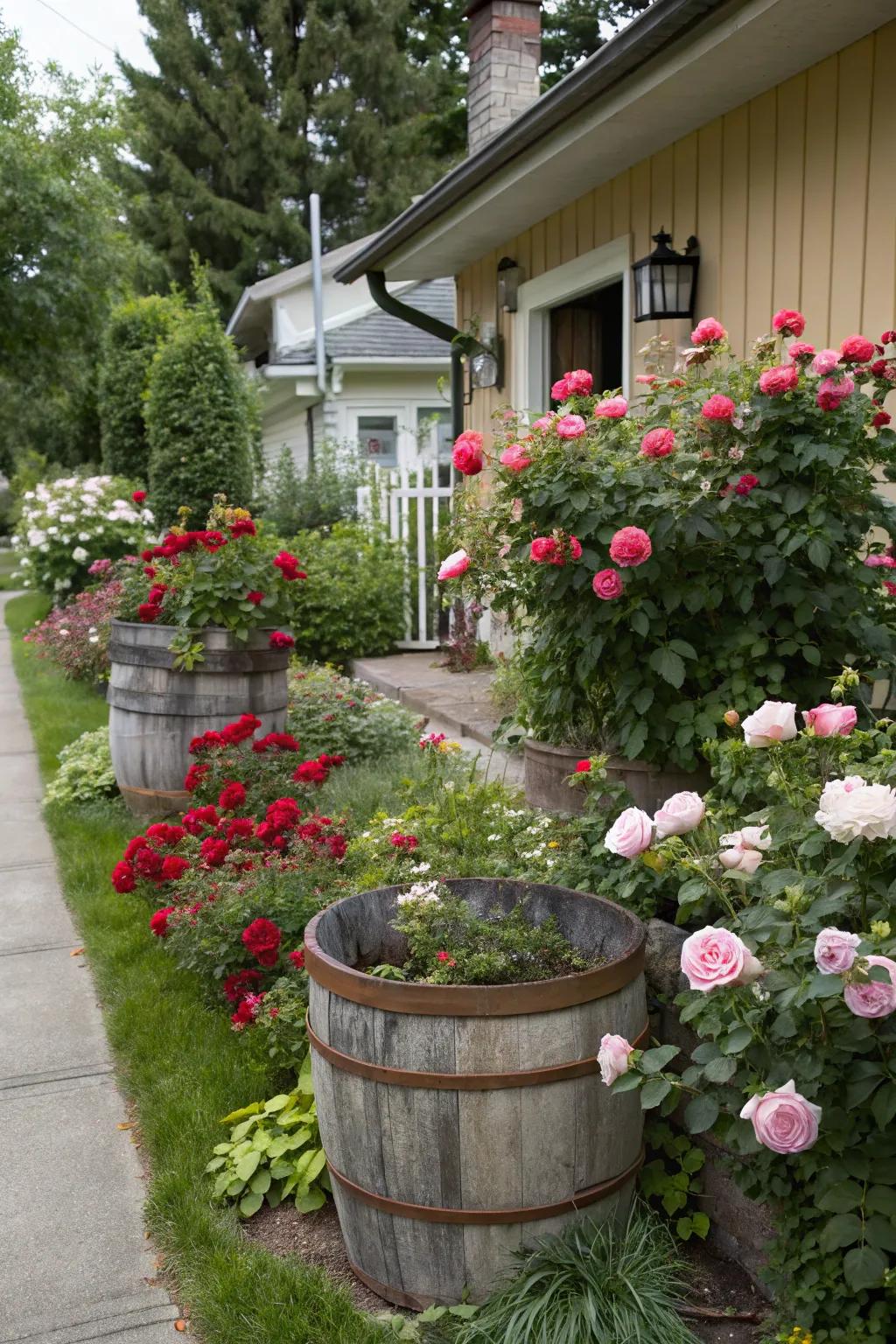 Vintage containers repurposed as rose planters.