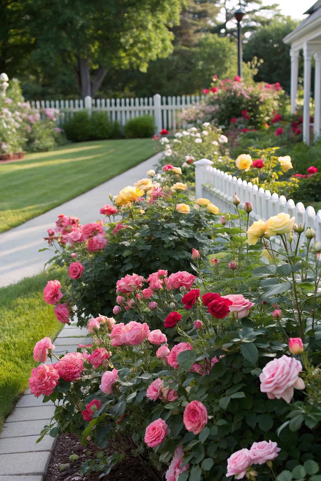 A vivid combination of rose colors in a garden.