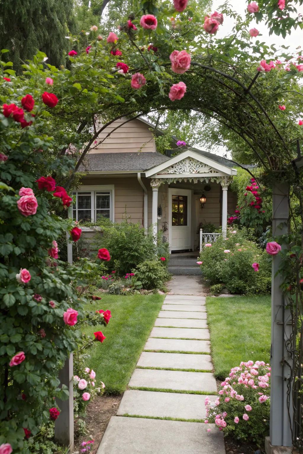 Roses framing a welcoming home entry.