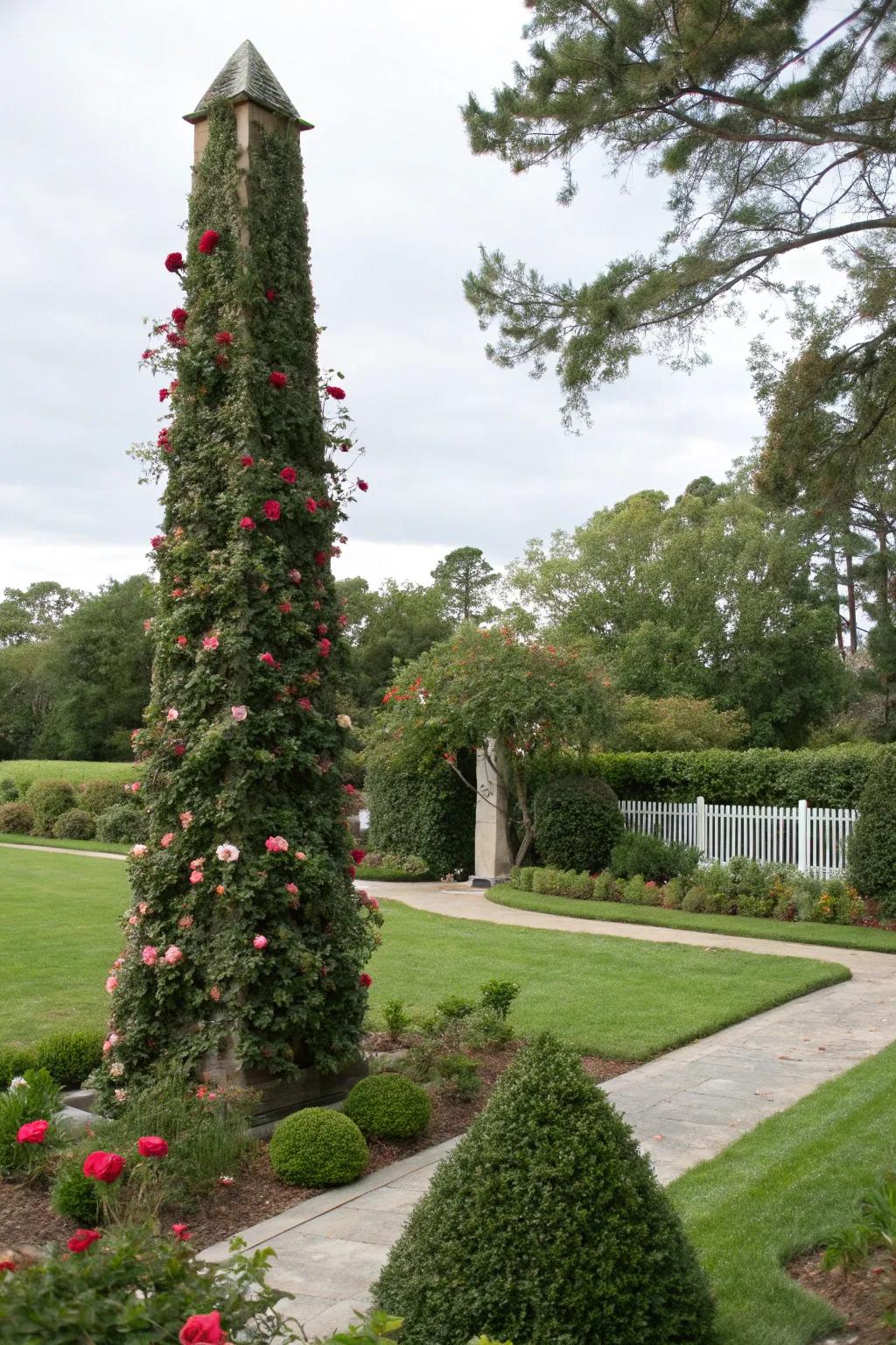 Rose garden focal point with an obelisk.